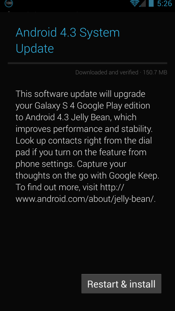 samsung galaxy s4 google play edition android 4.3 update