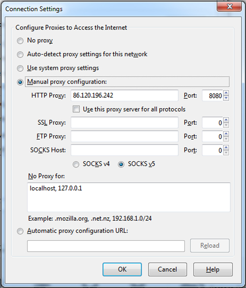 Firefox proxy server settings