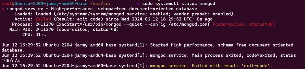 Troubleshooting MongoDB Service Failure: Resolving code=exited, status=48 Error